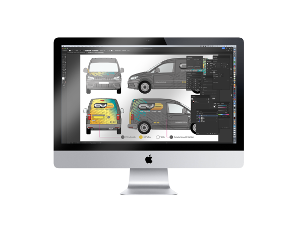 iMac screen design showing how we use high end technology and software to create bespoke vehicle graphics